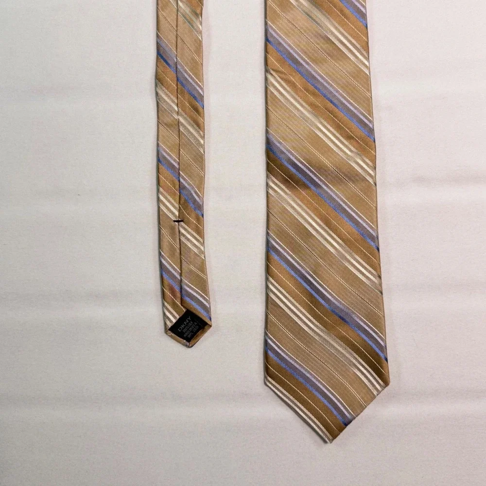 DKNY Mens Silk Necktie Gold Tan Blue Striped USA Made WPL 2831 Donna Karan